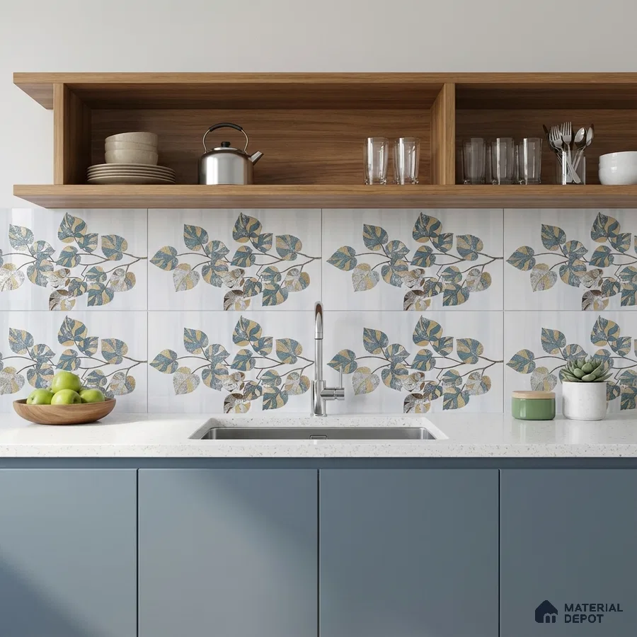 Modern kitchen with blue laminate cabinets, floral patterned backsplash tiles, and white quartz countertop