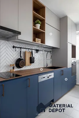 Modern kitchen with blue laminate cabinets, walnut laminate countertop, and white herringbone subway tile backsplash in Bengaluru | Material Depot
