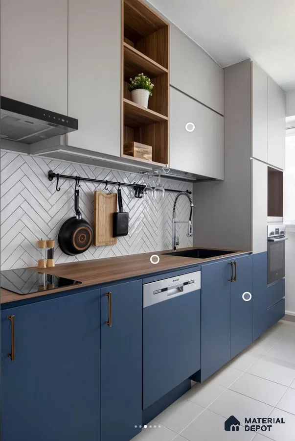 Modern kitchen with blue laminate cabinets, walnut laminate countertop, and white herringbone subway tile backsplash in Bengaluru | Material Depot