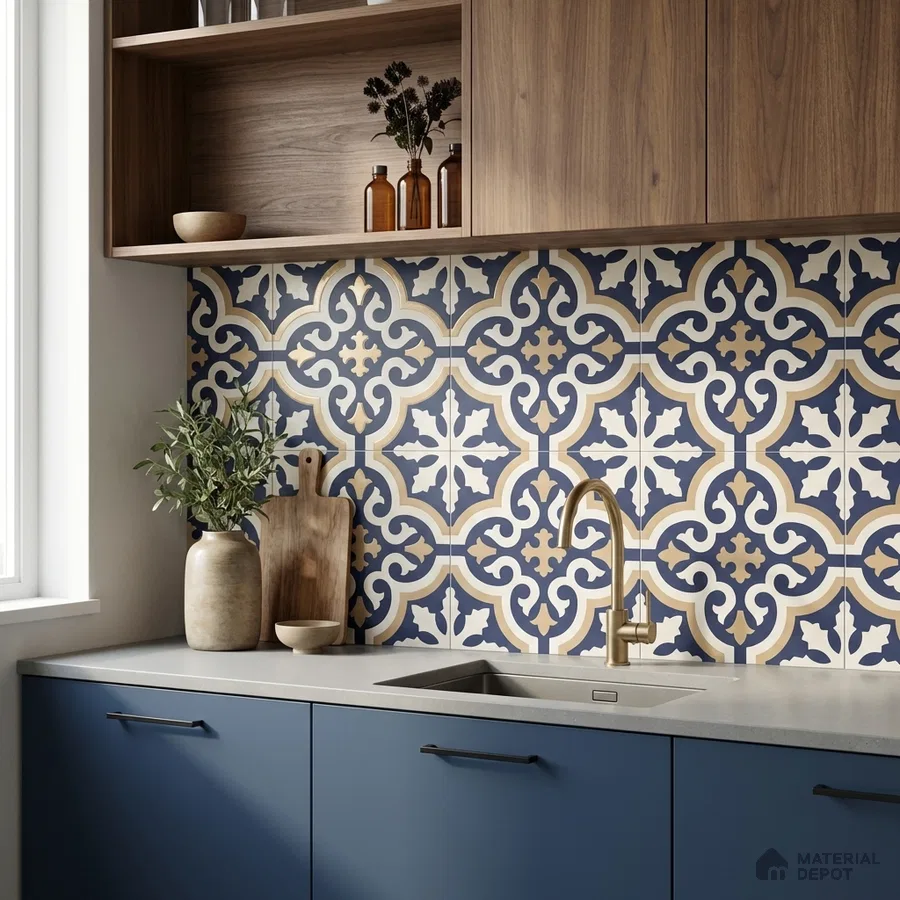 Modern kitchen with blue laminate cabinets, walnut laminate overheads, and blue and beige moroccan backsplash tiles