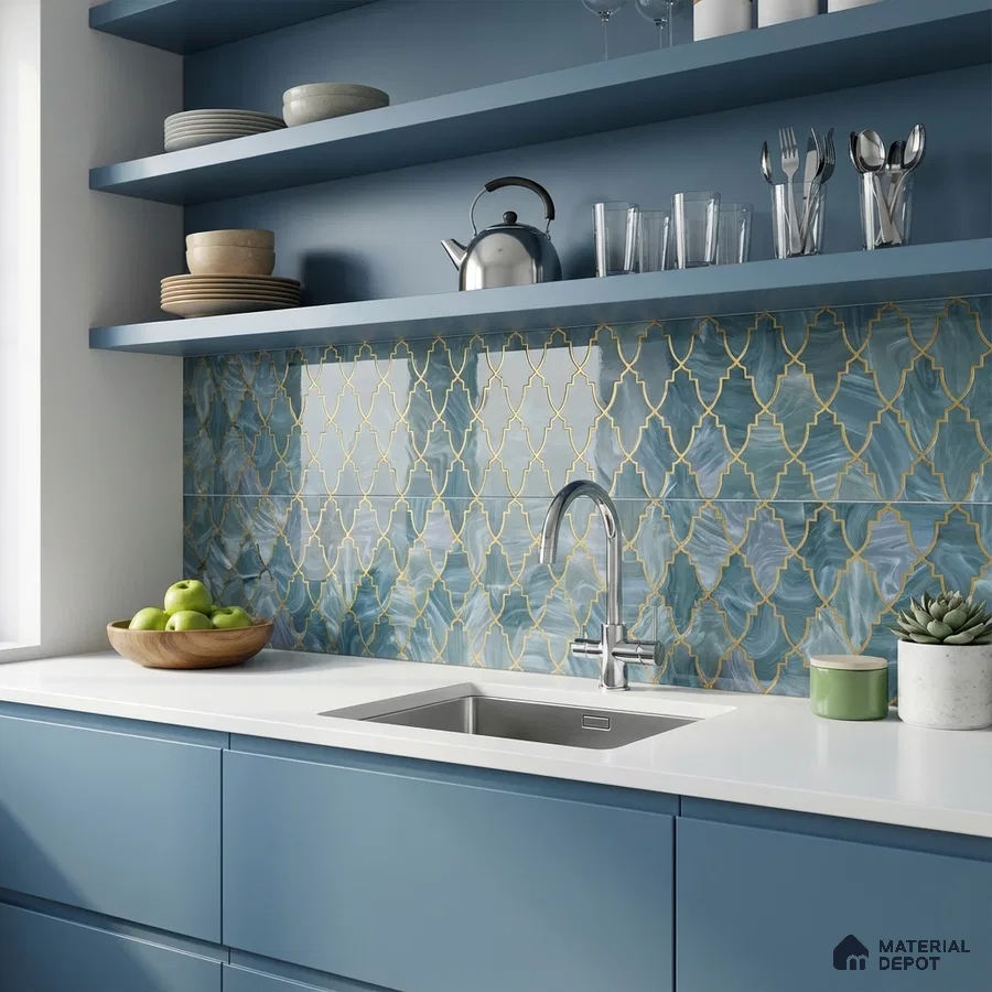 Modern kitchen with blue laminate cabinets, white quartz countertop, and blue moroccan backsplash tiles