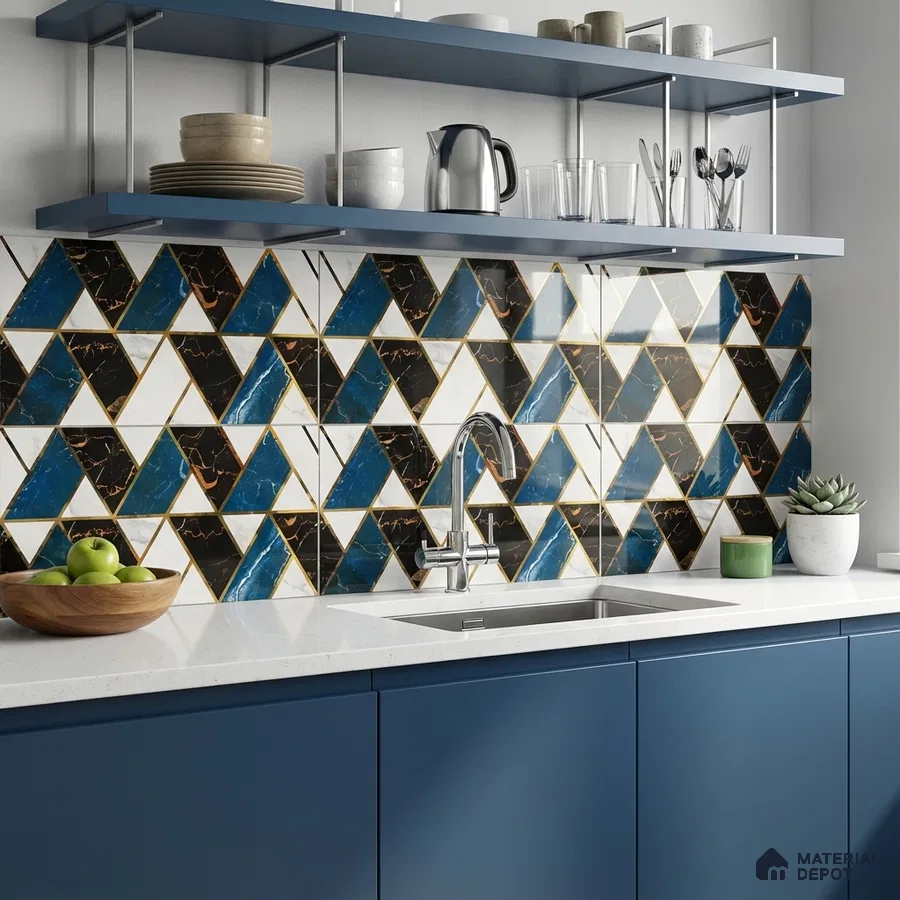 Modern kitchen with blue laminate cabinets, white quartz countertop, and geometric blue-black backsplash tiles