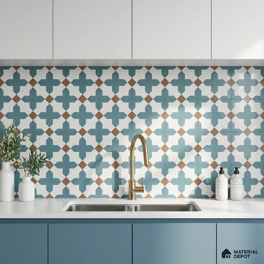 Modern kitchen with blue laminate cabinets, white quartz countertop, and geometric patterned backsplash tiles