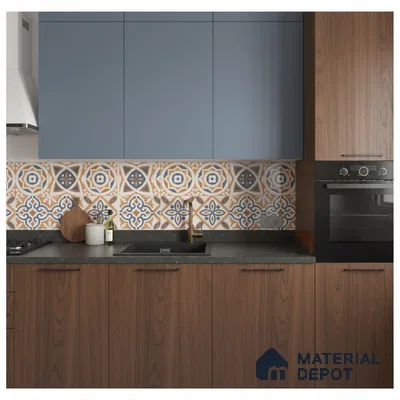 Modern kitchen with blue laminate, walnut brown laminate, and patterned moroccan backsplash tiles in Bengaluru
