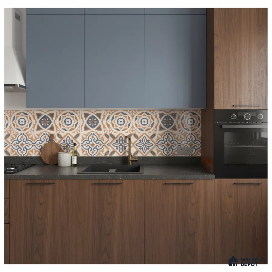 Modern kitchen with blue laminate, walnut brown laminate, and patterned moroccan backsplash tiles in Bengaluru