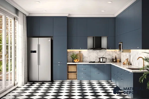 Modern kitchen with blue matte laminate cabinets, marble-look backsplash, and black-and-white checkerboard floor tiles in Bengaluru | Material Depot