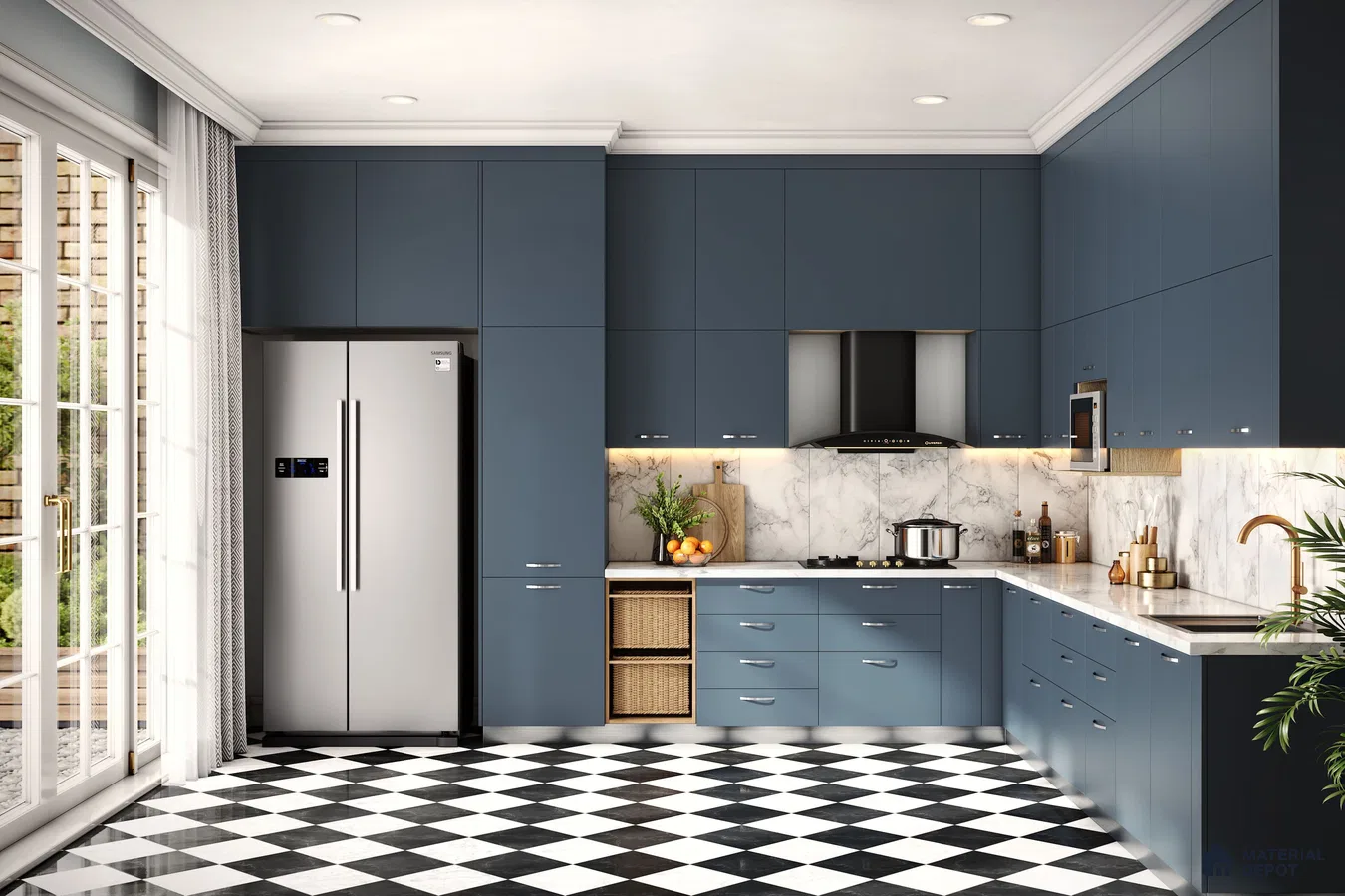Modern kitchen with blue matte laminate cabinets, marble-look backsplash, and black-and-white checkerboard floor tiles in Bengaluru | Material Depot