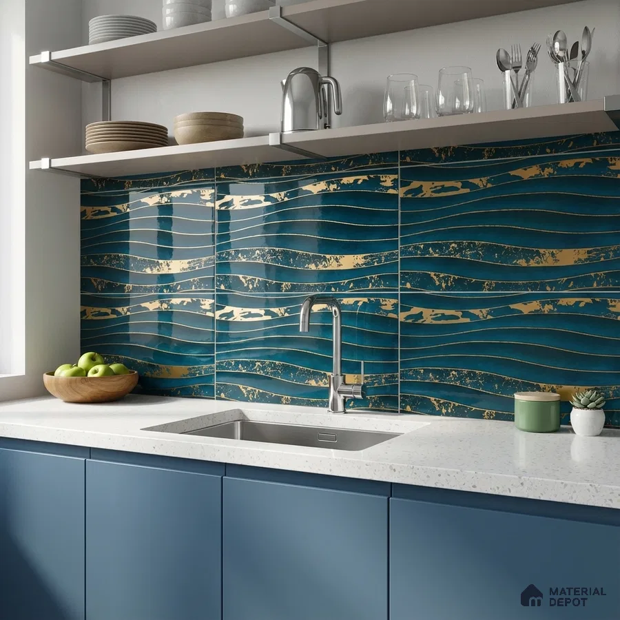 Modern kitchen with blue matte laminate cabinets, white quartz countertop, and teal gold wave patterned backsplash tiles