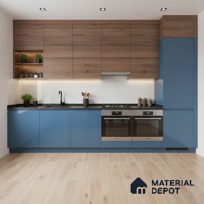 Modern kitchen with blue matte laminate, walnut wood laminate, and black quartz countertop in Bengaluru