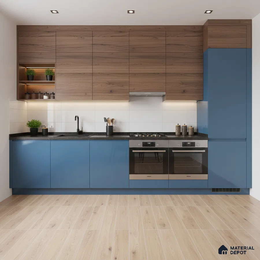 Modern kitchen with blue matte laminate, walnut wood laminate, and black quartz countertop in Bengaluru