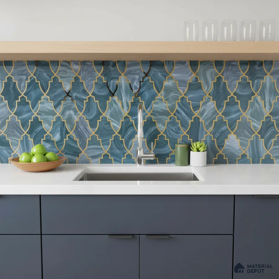 Modern kitchen with blue moroccan backsplash tile and white quartz countertop