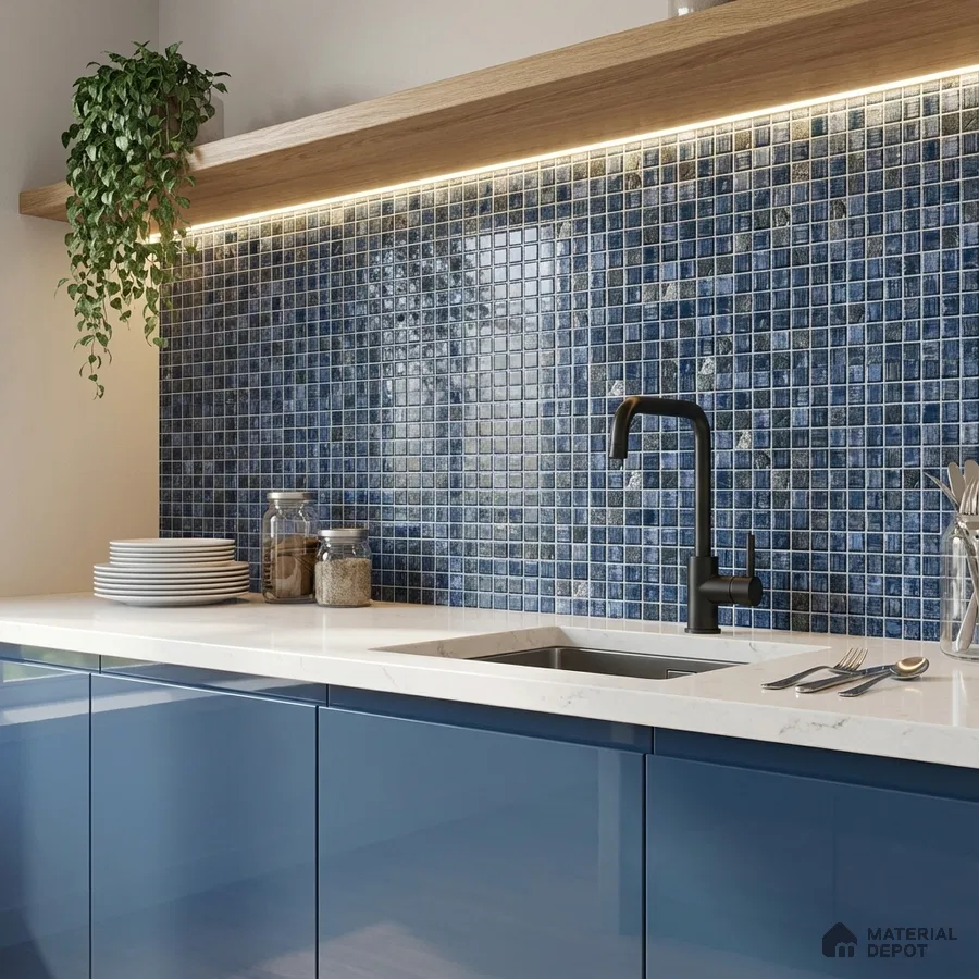 Modern kitchen with blue mosaic backsplash tile, glossy blue laminate cabinets, and white quartz countertop
