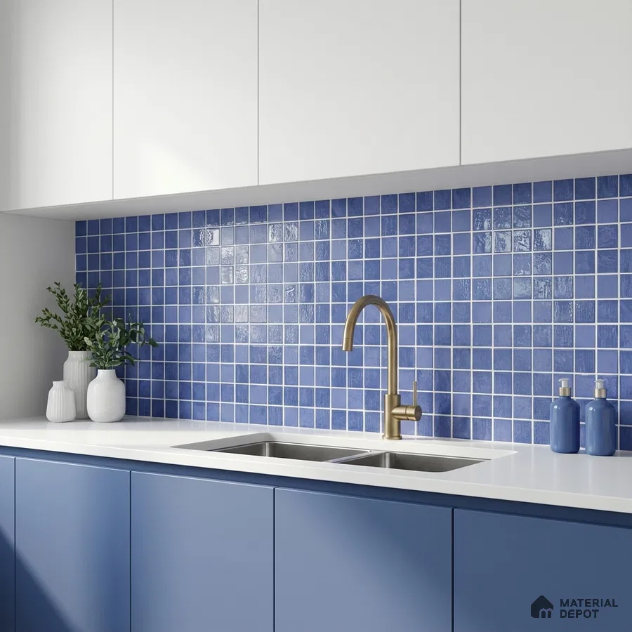 Modern kitchen with blue mosaic backsplash tile, matte blue laminate cabinets, and white quartz countertop