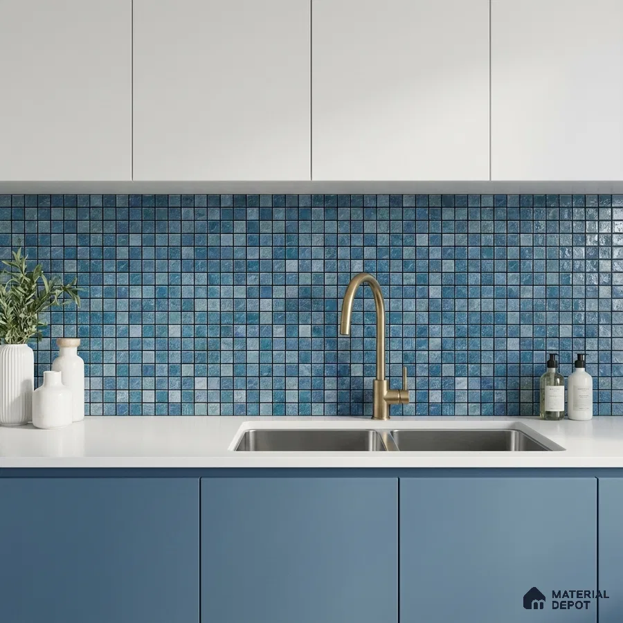 Modern kitchen with blue mosaic backsplash tile, white quartz countertop, and blue laminate cabinets