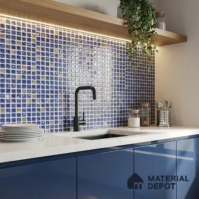 Modern kitchen with blue mosaic backsplash tile, white quartz countertop, and glossy blue laminate cabinets