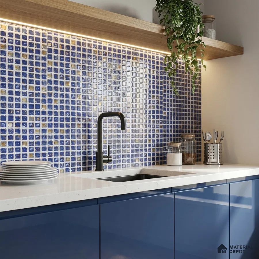 Modern kitchen with blue mosaic backsplash tile, white quartz countertop, and glossy blue laminate cabinets