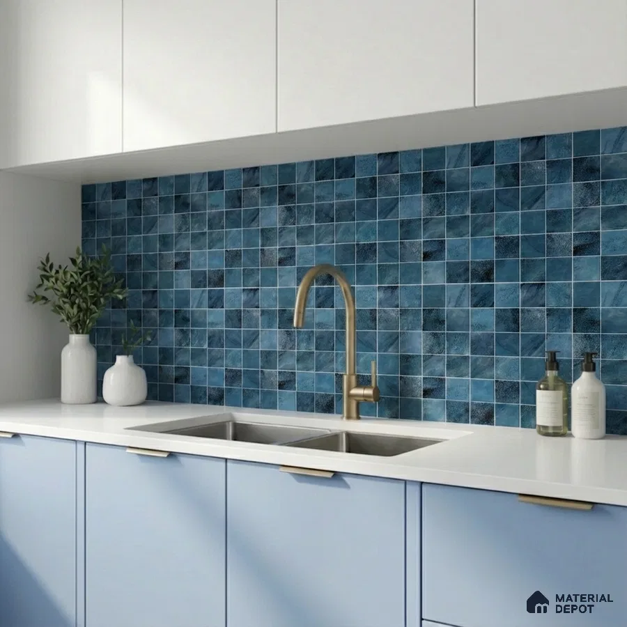 Modern kitchen with blue mosaic backsplash tile, white quartz countertop, and pastel blue laminate cabinets