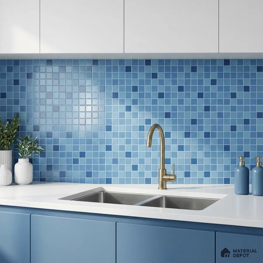 Modern kitchen with blue mosaic backsplash tiles, matte blue laminate cabinets, and white quartz countertop