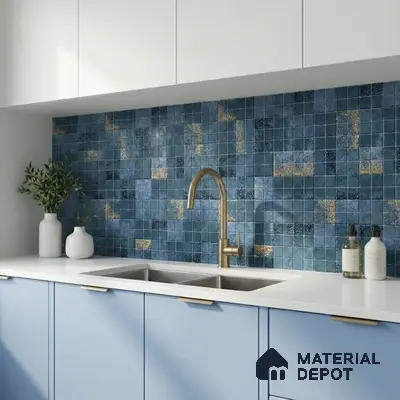 Modern kitchen with blue mosaic backsplash tiles, pastel blue laminate cabinets, and white quartz countertop