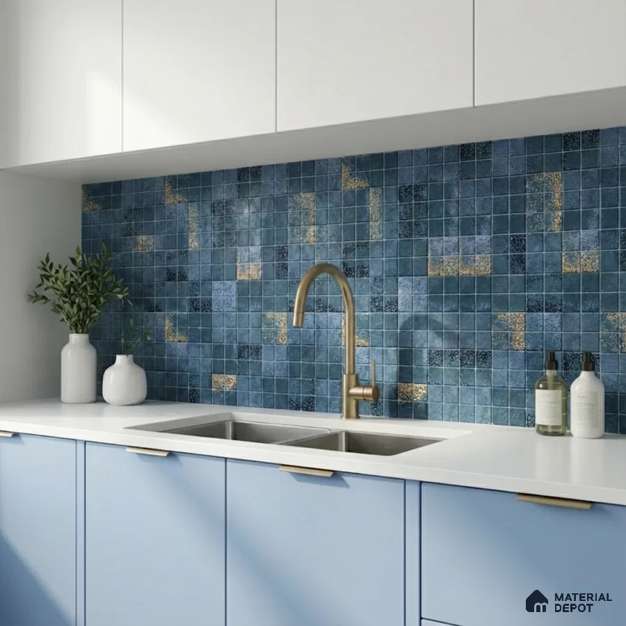 Modern kitchen with blue mosaic backsplash tiles, pastel blue laminate cabinets, and white quartz countertop