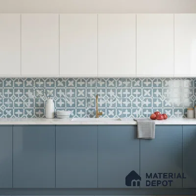 Modern kitchen with blue patterned backsplash tile, white laminate cabinets, and blue matte laminate base units in Bengaluru