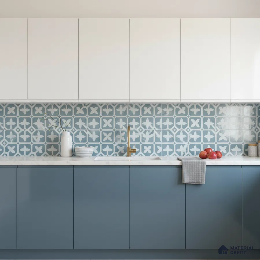 Modern kitchen with blue patterned backsplash tile, white laminate cabinets, and blue matte laminate base units in Bengaluru