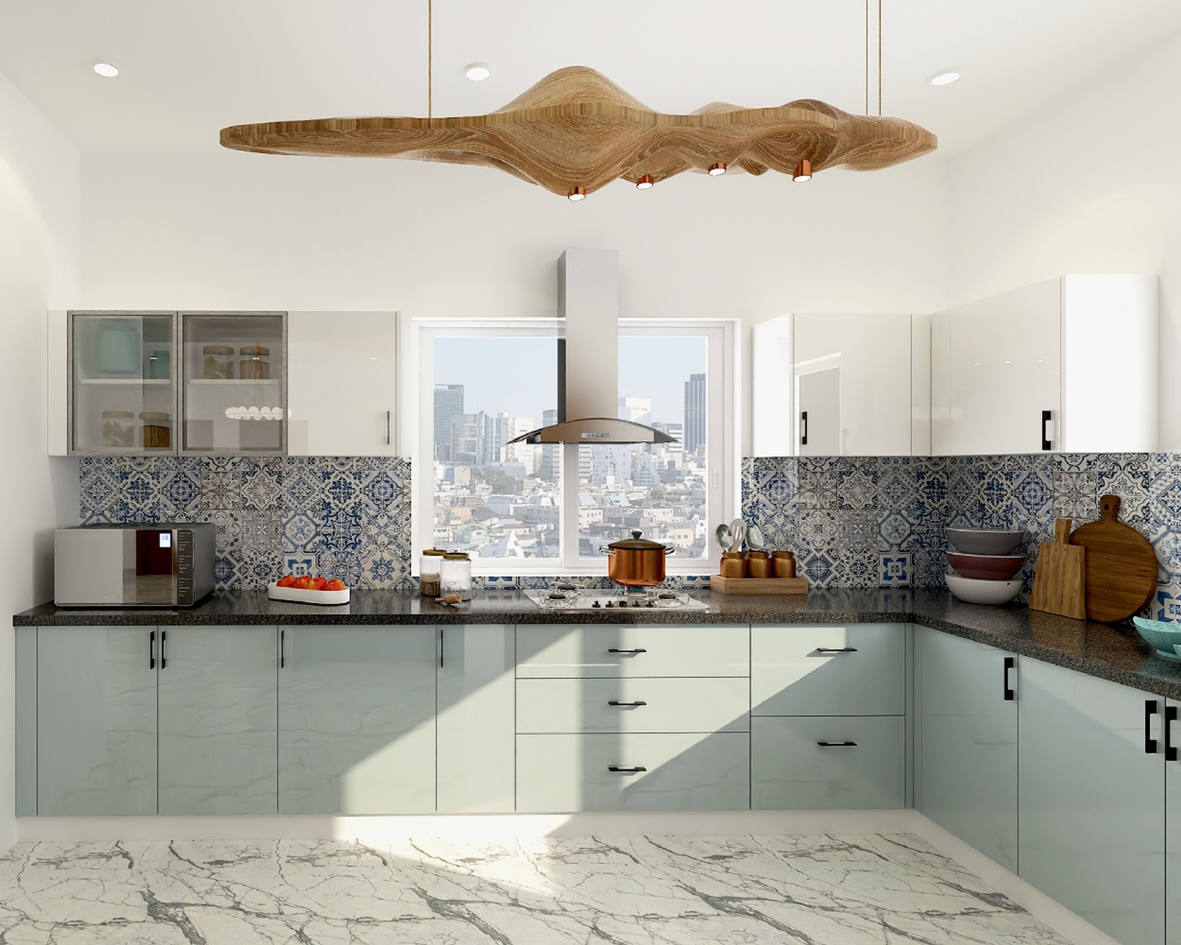 Modern kitchen with blue patterned backsplash tile, white marble floor tile, and glossy white and mint laminate cabinets in Bengaluru | Material Depot