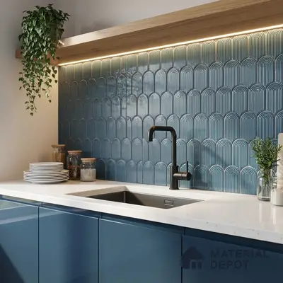 Modern kitchen with blue scallop backsplash tile, blue high gloss laminate cabinets, and white quartz countertop