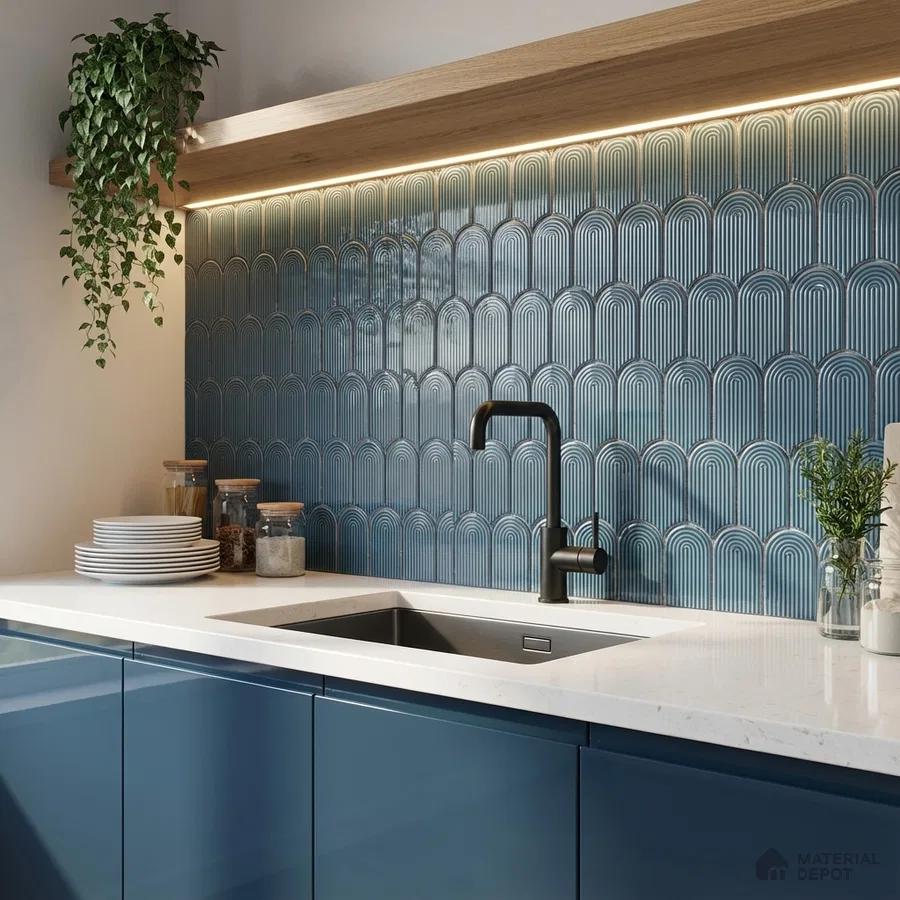 Modern kitchen with blue scallop backsplash tile, blue high gloss laminate cabinets, and white quartz countertop