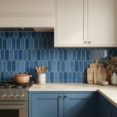 Modern kitchen with blue scallop subway backsplash tile and blue laminate cabinets