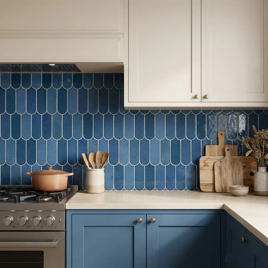 Modern kitchen with blue scallop subway backsplash tile and blue laminate cabinets