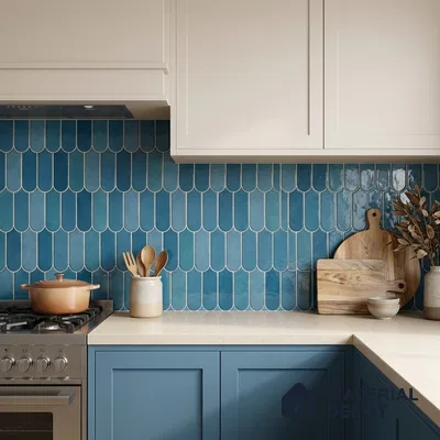 Modern kitchen with blue scallop subway backsplash tile and cream quartz countertop