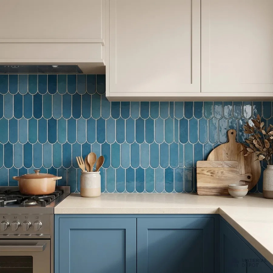 Modern kitchen with blue scallop subway backsplash tile and cream quartz countertop