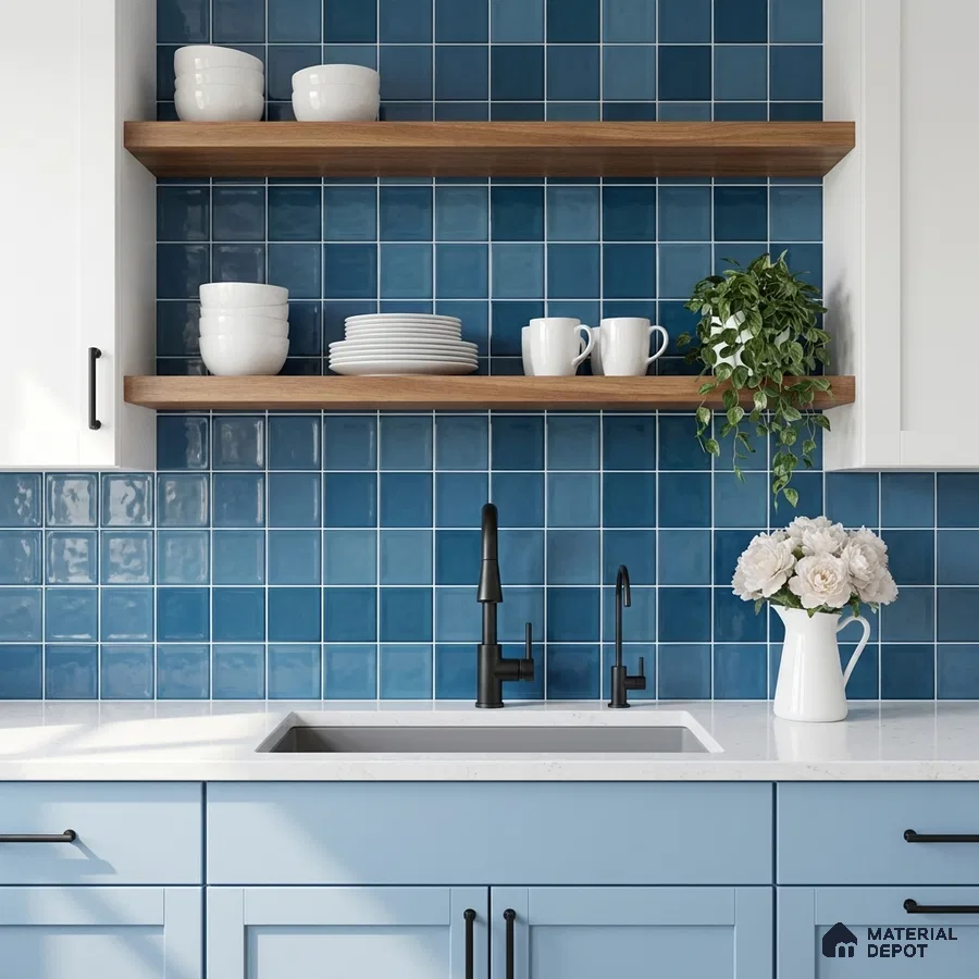 Modern kitchen with blue square backsplash tiles, light blue laminate cabinets, and white quartz countertop