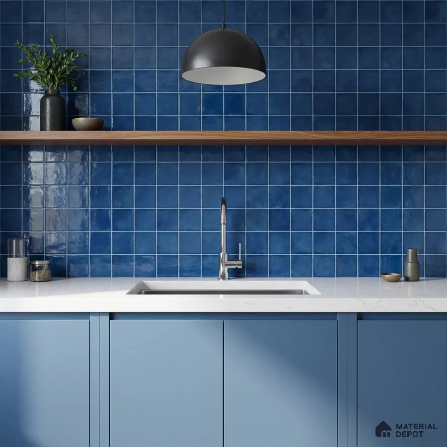 Modern kitchen with blue square wall tiles, pastel blue laminate cabinets, and white quartz countertop