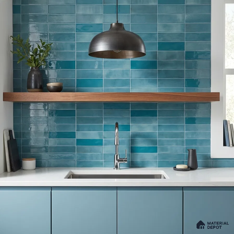 Modern kitchen with blue subway backsplash tile, white quartz countertop, and pastel blue laminate cabinets