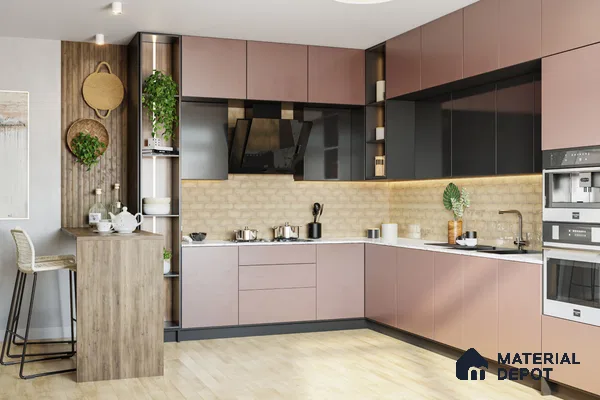 Modern kitchen with blush pink and graphite laminate, wood breakfast counter, and beige subway tile backsplash in Bengaluru | Material Depot
