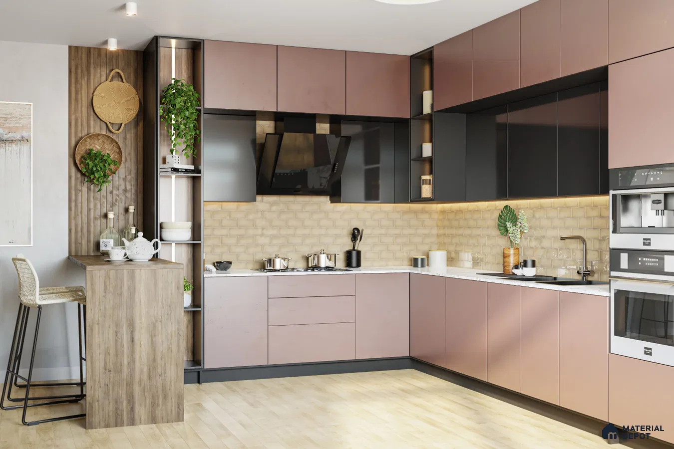 Modern kitchen with blush pink and graphite laminate, wood breakfast counter, and beige subway tile backsplash in Bengaluru | Material Depot