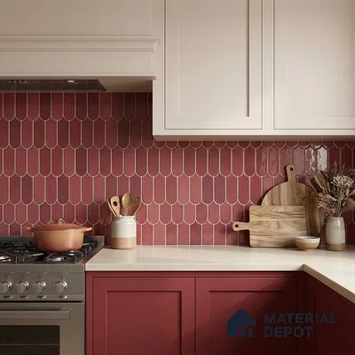 Modern kitchen with blush pink and terracotta laminate, cream quartz countertop, and scallop pink backsplash tile