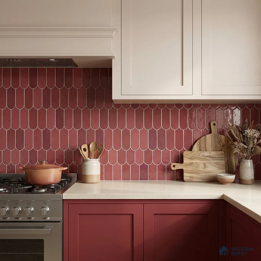 Modern kitchen with blush pink and terracotta laminate, cream quartz countertop, and scallop pink backsplash tile