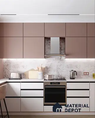 Modern kitchen with blush pink and white matte laminate, marble-look backsplash, and white quartz countertop in Bengaluru | Material Depot