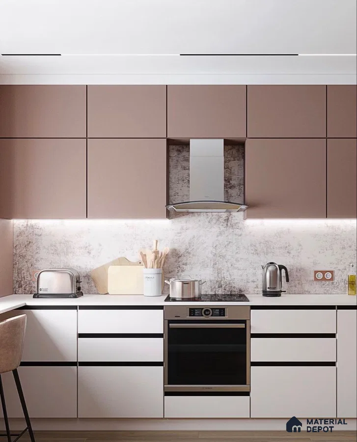 Modern kitchen with blush pink and white matte laminate, marble-look backsplash, and white quartz countertop in Bengaluru | Material Depot