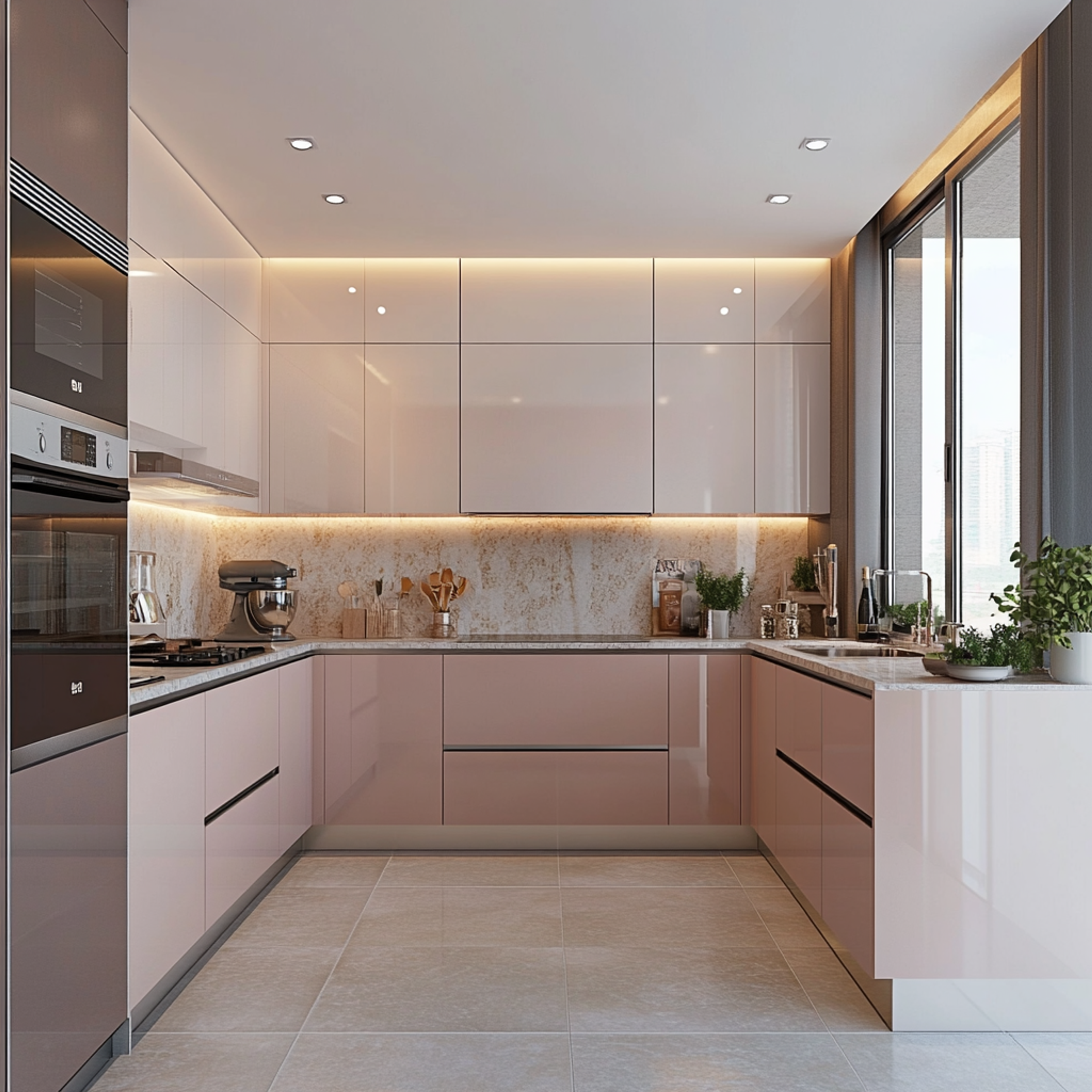 Modern kitchen with blush pink high gloss laminate, beige marble backsplash, and white quartz countertop in Bengaluru | Material Depot