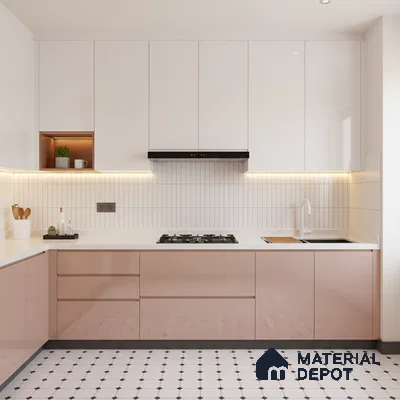 Modern kitchen with blush pink high gloss laminate, frosty white laminate, and white quartz countertop in Bengaluru