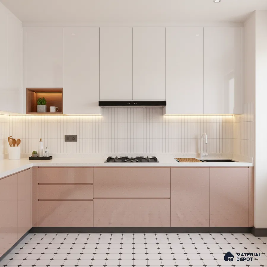 Modern kitchen with blush pink high gloss laminate, frosty white laminate, and white quartz countertop in Bengaluru