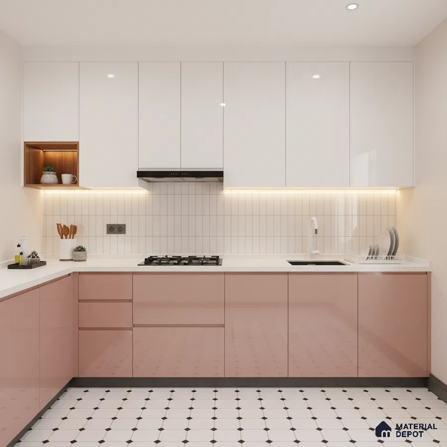 Modern kitchen with blush pink high gloss laminate, frosty white laminate, and white quartz countertop in Bengaluru