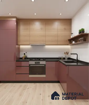 Modern kitchen with blush pink high gloss laminate, natural oak laminate, and black quartz countertop in Bengaluru