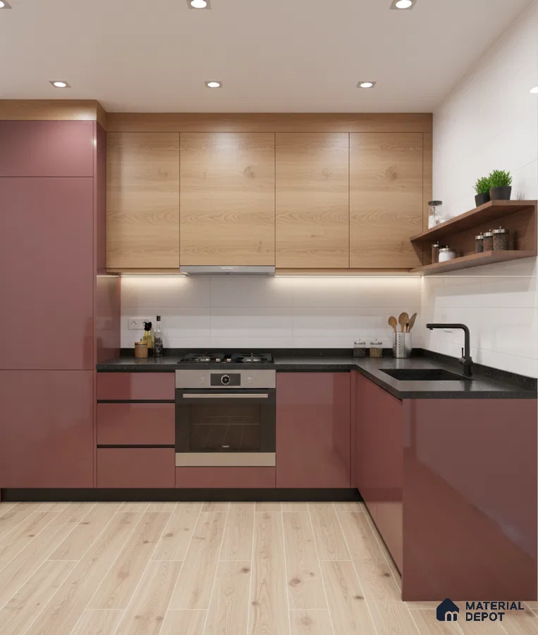 Modern kitchen with blush pink high gloss laminate, natural oak laminate, and black quartz countertop in Bengaluru