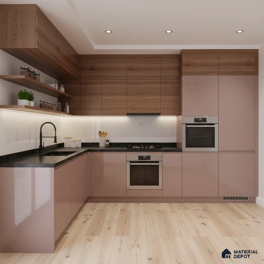 Modern kitchen with blush pink high gloss laminate, walnut wood laminate, and black quartz countertop in Bengaluru