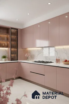 Modern kitchen with blush pink high gloss laminate, white marble backsplash, and white marble floor tiles in Bengaluru